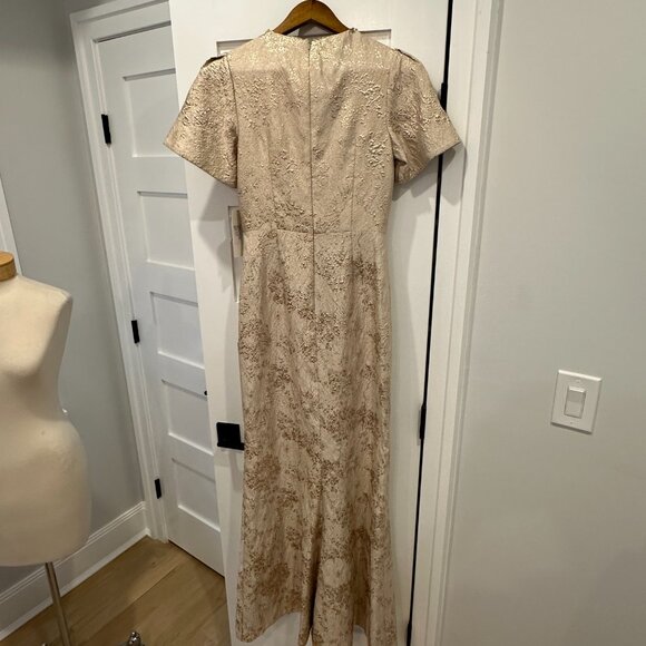 NWT Teri Jon Rickie Freeman Gold Beaded Jacquard Trumpet Gown Size 2 - Picture 4 of 12